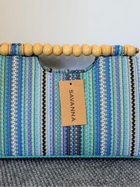 Savannah Blue & Aqua Striped Beaded-Handle Clutch
